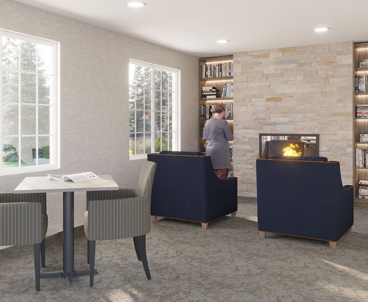 A cozy living room with a fireplace, bookshelf, and seating area bathed in natural light.