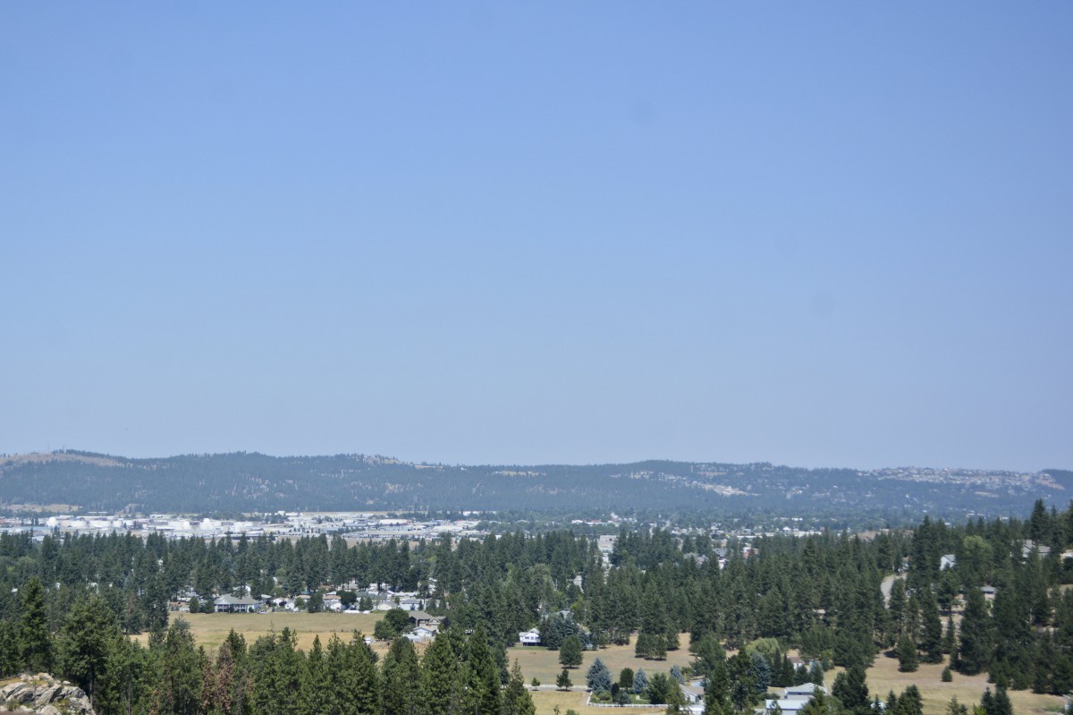A scenic view of a countryside with trees and hills under a clear blue sky.