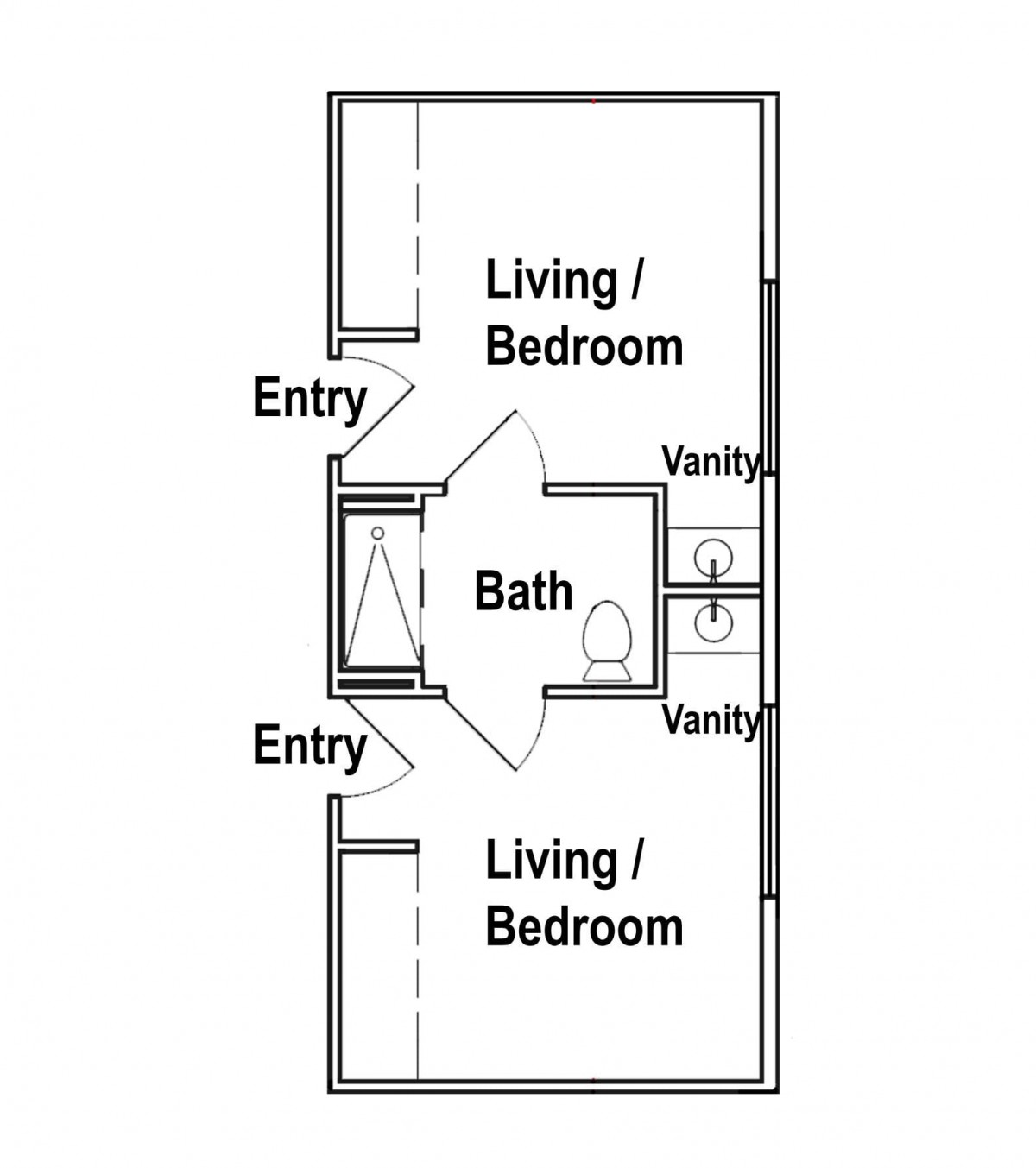 A simple layout of a living/bedroom space with a central bathroom and two entries.