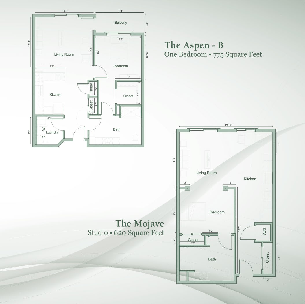 Blueprints of two apartment layouts: The Aspen - B (two bedrooms, 1180 square feet) and The Alpine (studio, 540 square feet).
