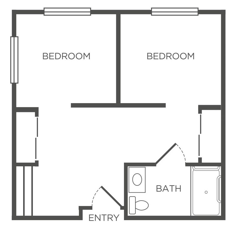 A simple floor plan depicting two bedrooms, a bathroom, and an entry area.