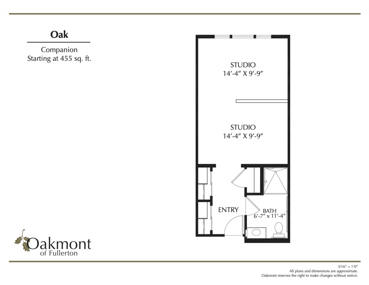 Floor plan of a studio apartment with dimensions and layout.