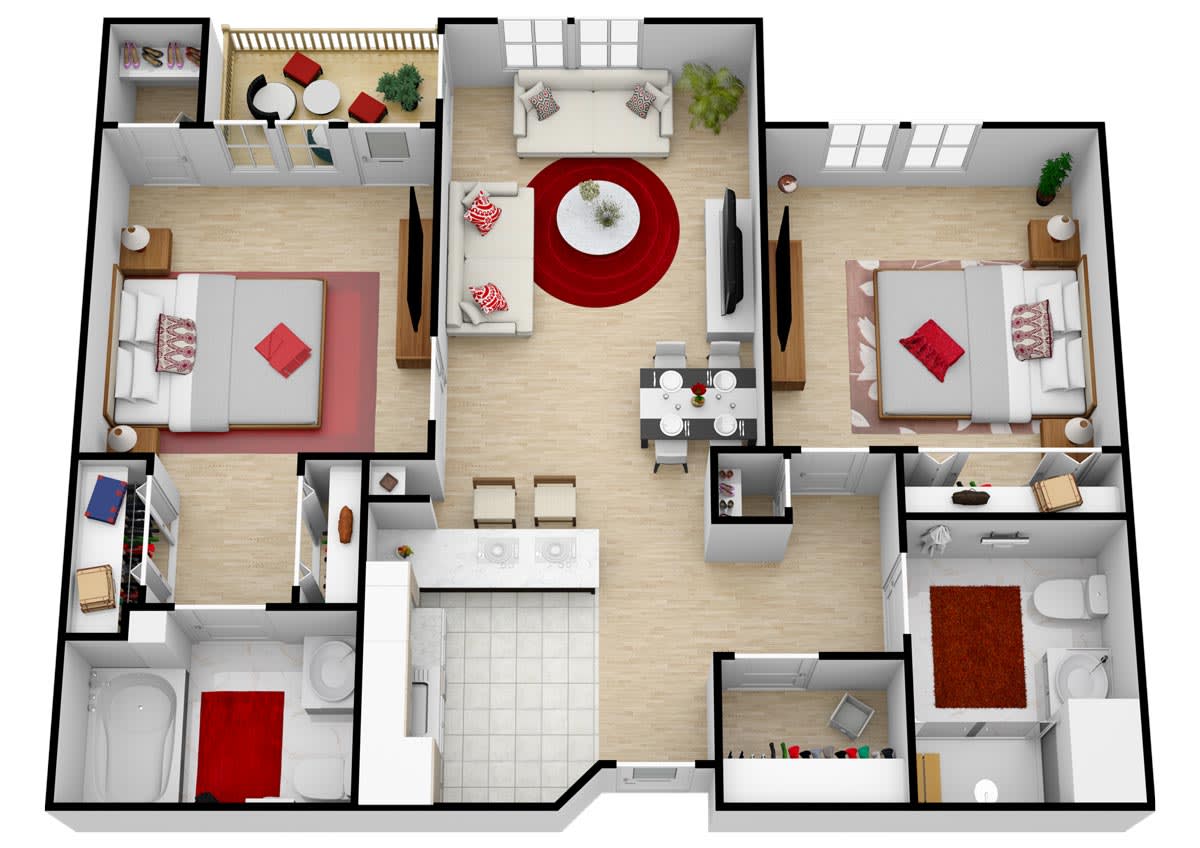 A 3D rendered floor plan of an apartment featuring two bedrooms, a kitchen, and a living room.