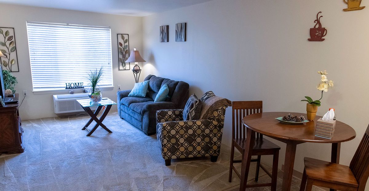 Cozy living room with a sofa, armchair, and dining area.