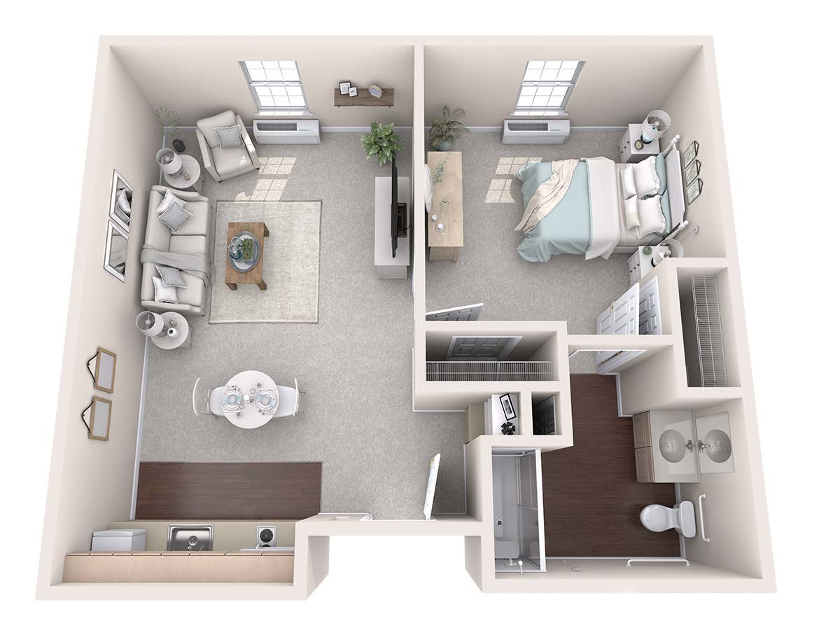 A top-down view of a one-bedroom apartment layout featuring a living room, kitchen, bathroom, and bedroom.