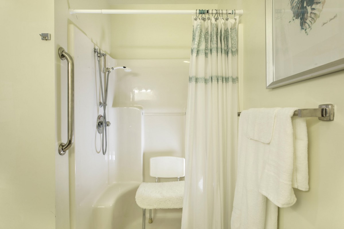 An accessible bathroom with a shower chair and grab bars.
