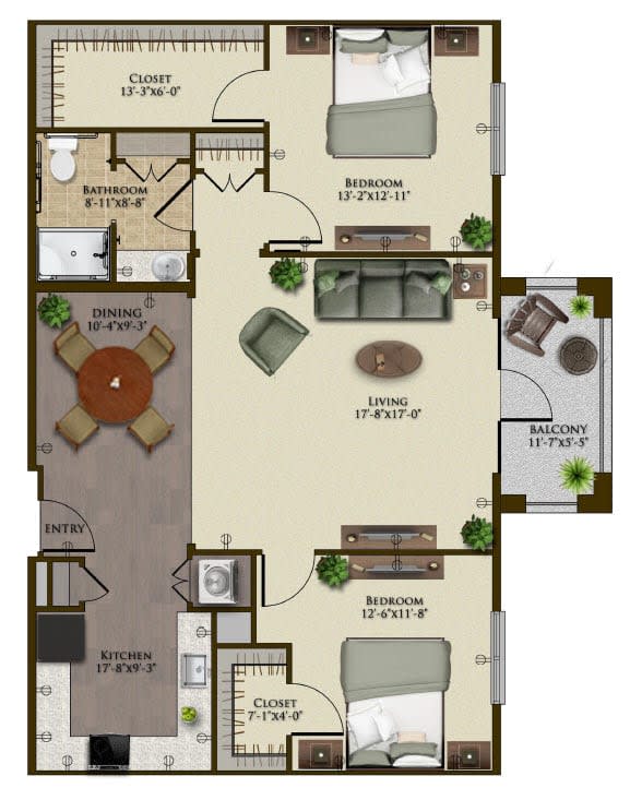 A detailed floor plan of a two-bedroom apartment with a living room, kitchen, bathroom, dining area, and balcony.