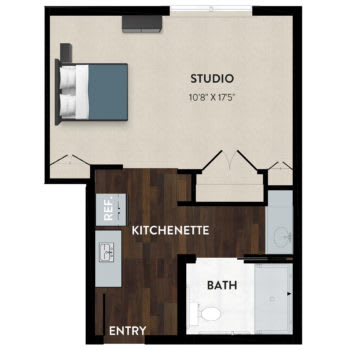 Studio apartment floor plan with kitchenette and bath.