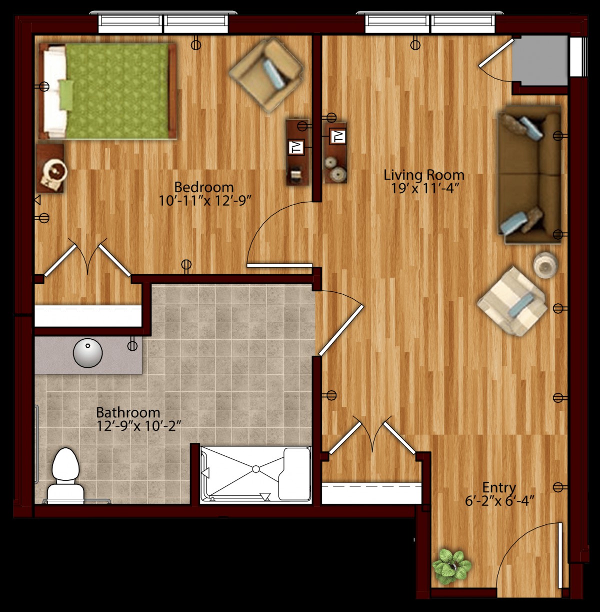 A floor plan of a one-bedroom apartment featuring a living room, kitchen, and bathroom.