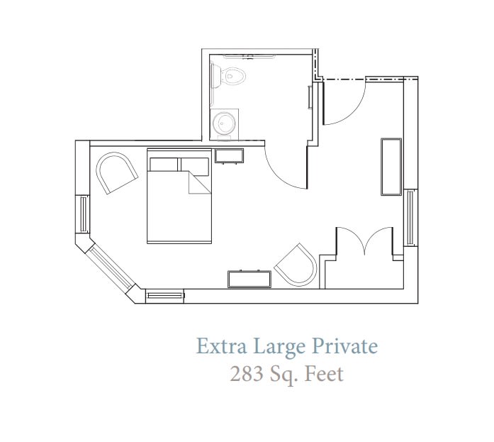 Floor plan of an extra-large private room, 283 square feet.
