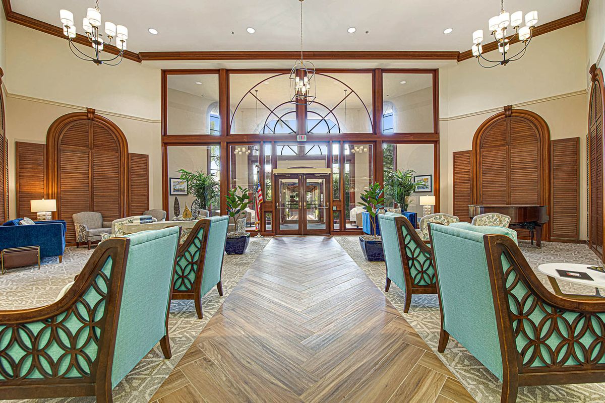 A luxurious lobby interior with elegant decor and comfortable seating.