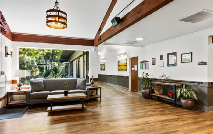 A spacious and modern living room with wooden flooring, large windows, and stylish decor.