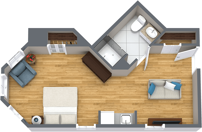 A compact apartment floor plan featuring a bedroom, bathroom, and living space with wooden flooring.