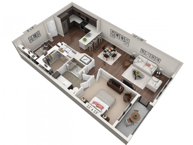 A 3D rendered floor plan of a modern two-bedroom apartment showcasing the layout and furniture arrangement.