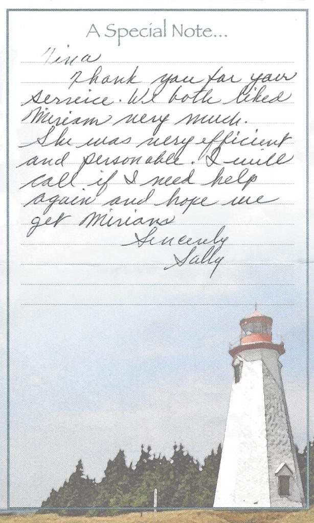 A handwritten note expressing satisfaction with efficient service, accompanied by a lighthouse illustration.
