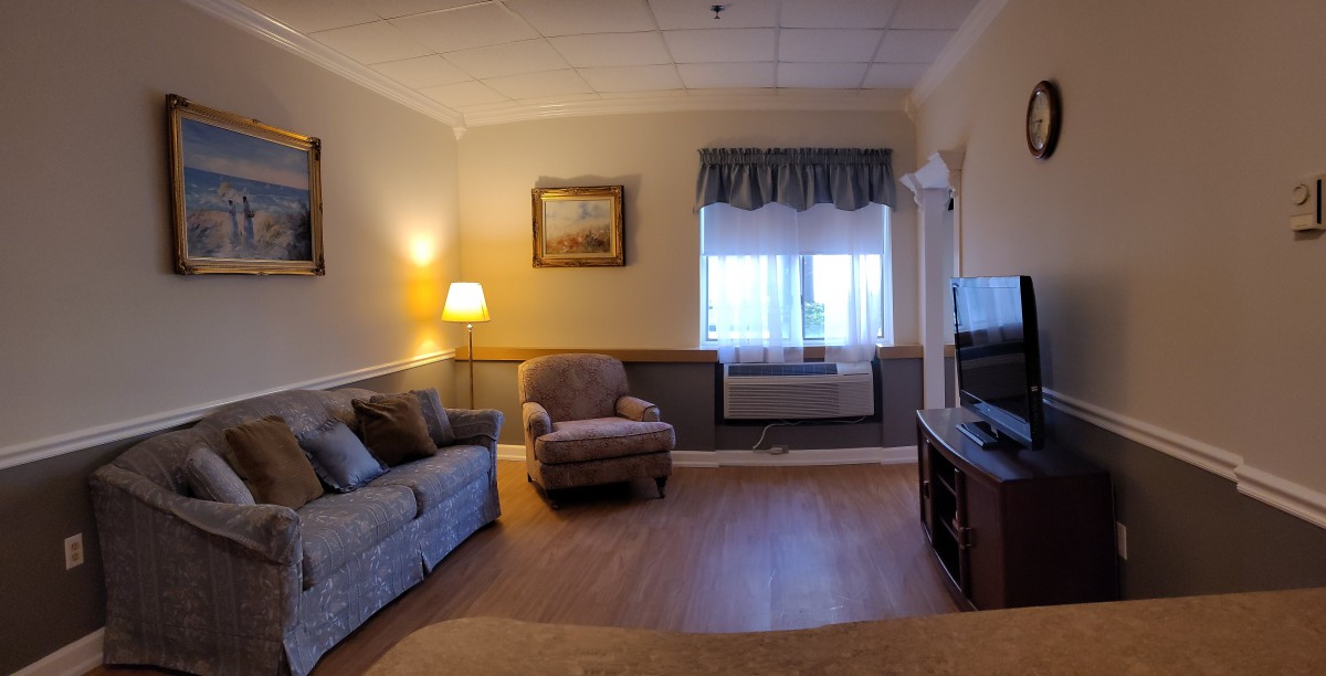 A cozy living room with a sofa, armchair, lamp, and television. The window is adorned with curtains and there is artwork on the wall.