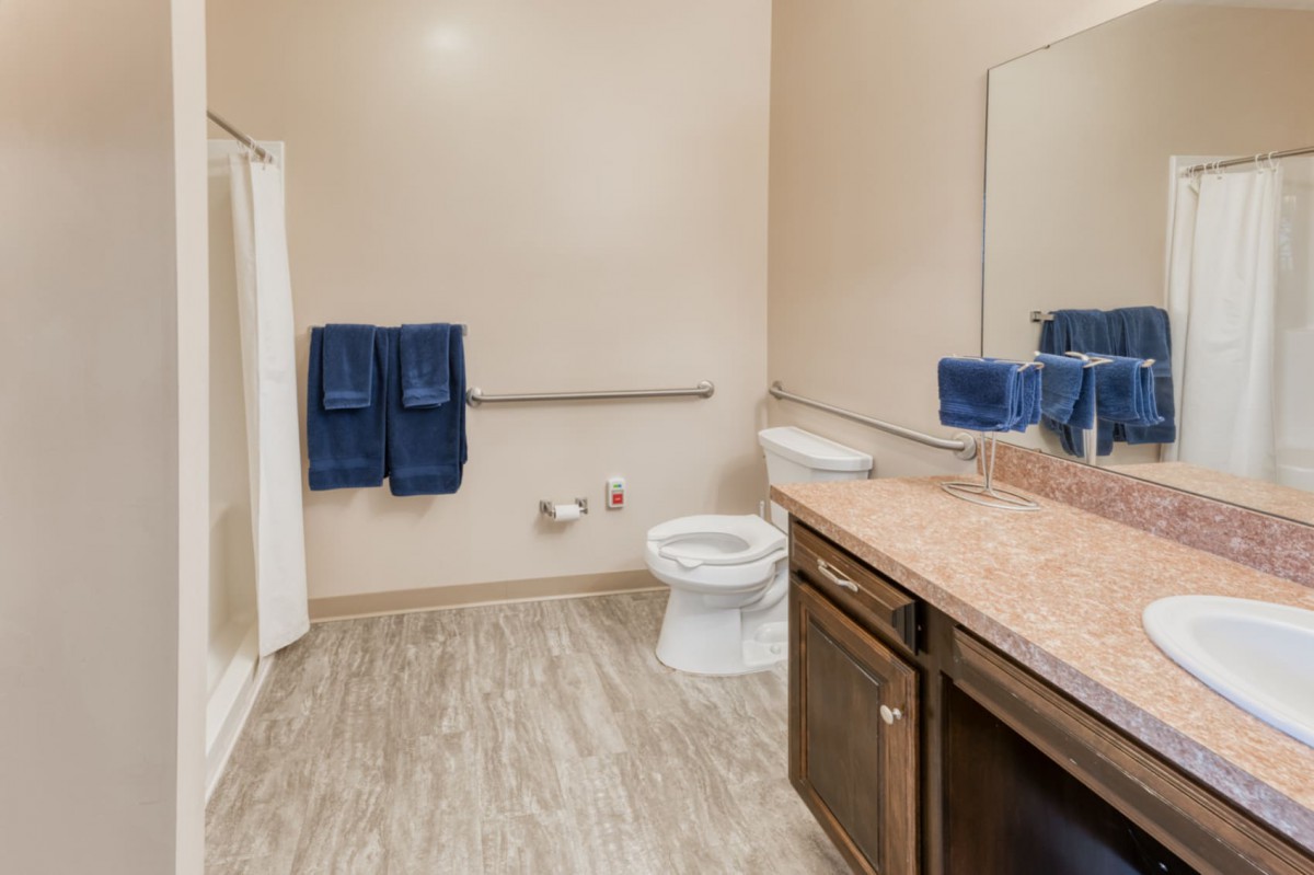 A modern bathroom with a shower, toilet, and wooden vanity.