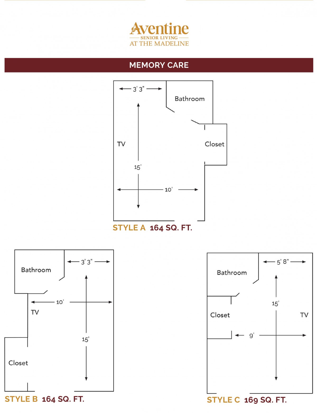 Floor plans for a memory care facility including multiple styles.