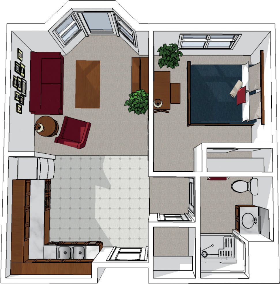 A detailed floor plan of a one-bedroom apartment featuring a living room, kitchen, bedroom, and bathroom.