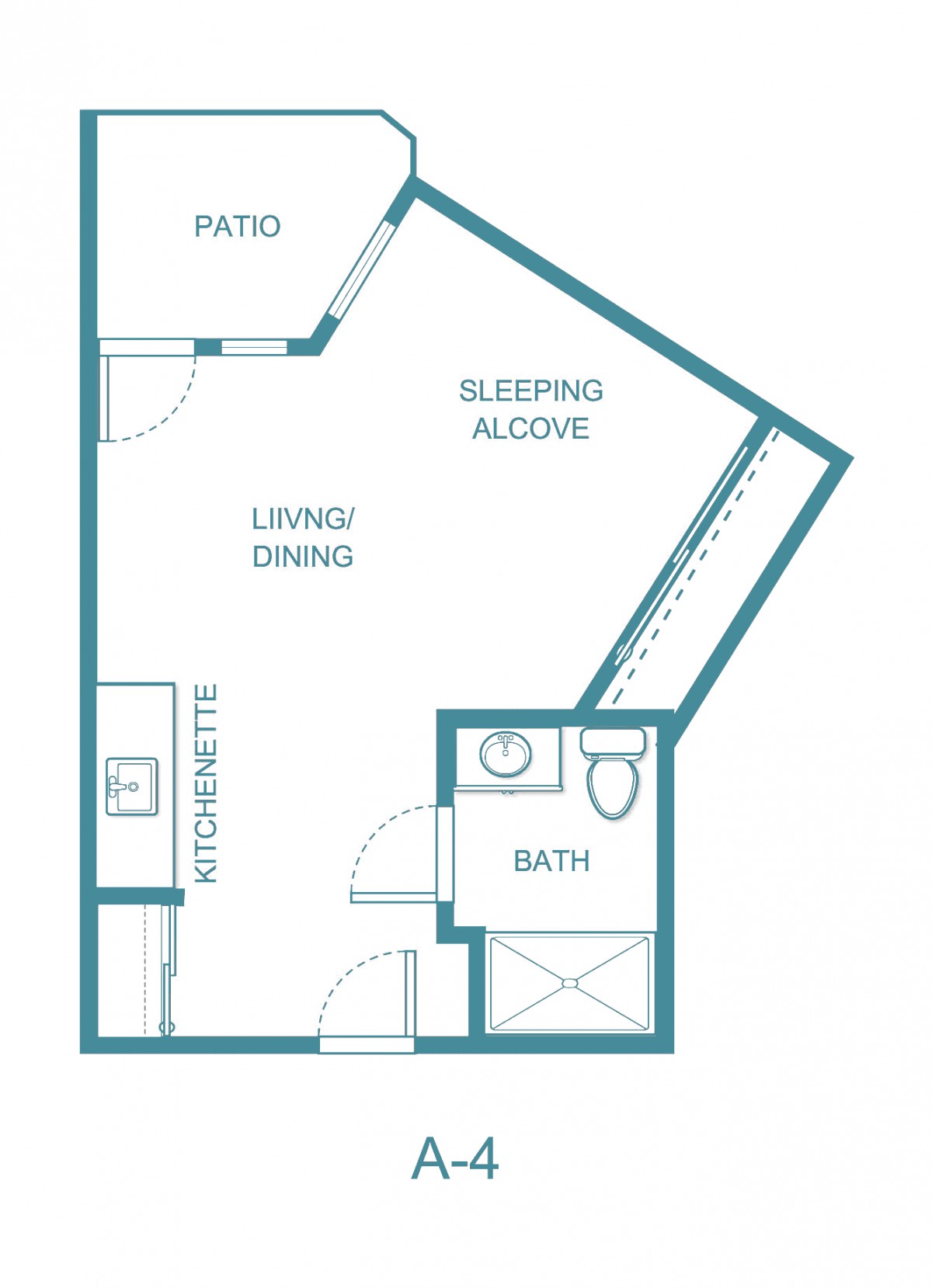A floor plan of a studio apartment with designated areas for sleeping, living/dining, and a kitchenette.