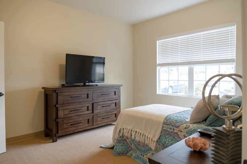 A cozy bedroom with a bed, dresser, and television by the window.