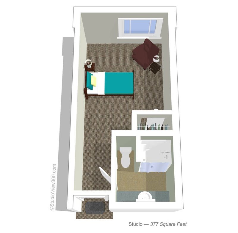A 3D floor plan of a compact studio apartment featuring a single bed, small table, and separate bathroom area.