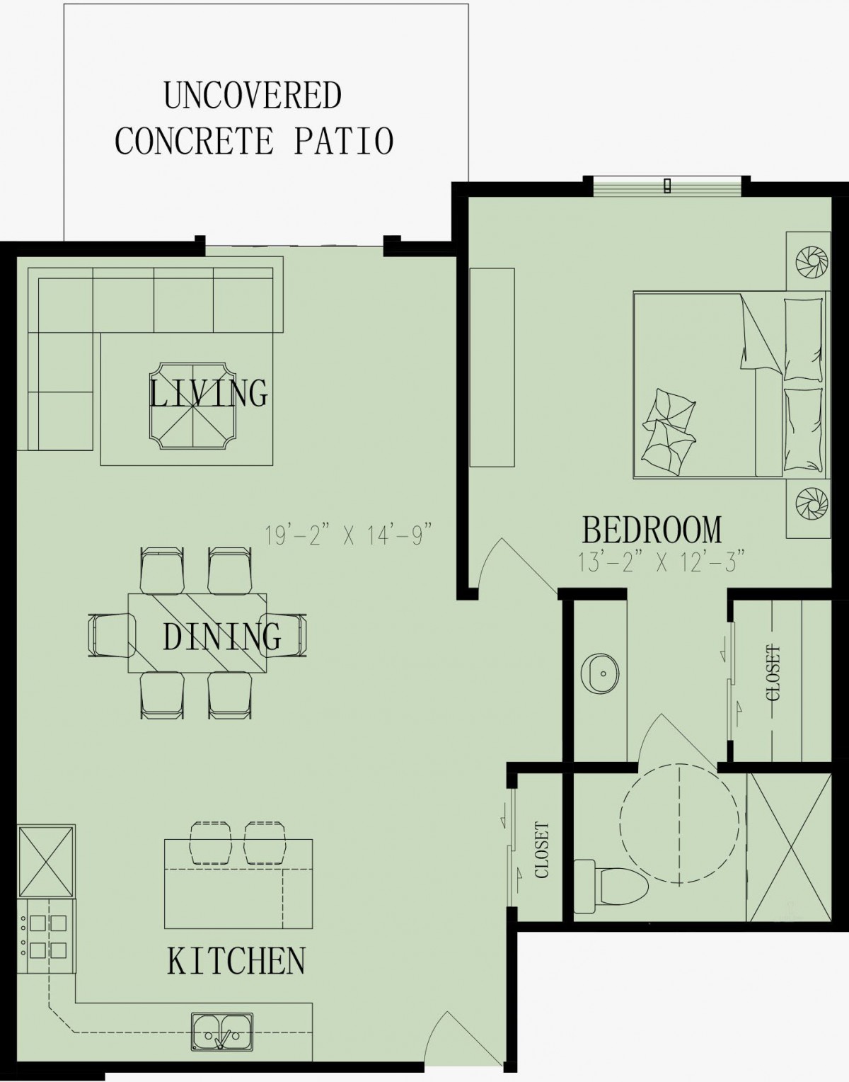 Blueprint of an apartment showing the layout of a living area, dining space, kitchen, bedroom, and bathroom.