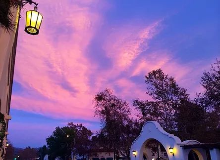A beautiful sunset with pink clouds, silhouetted trees, and an illuminated street lamp near an archway.