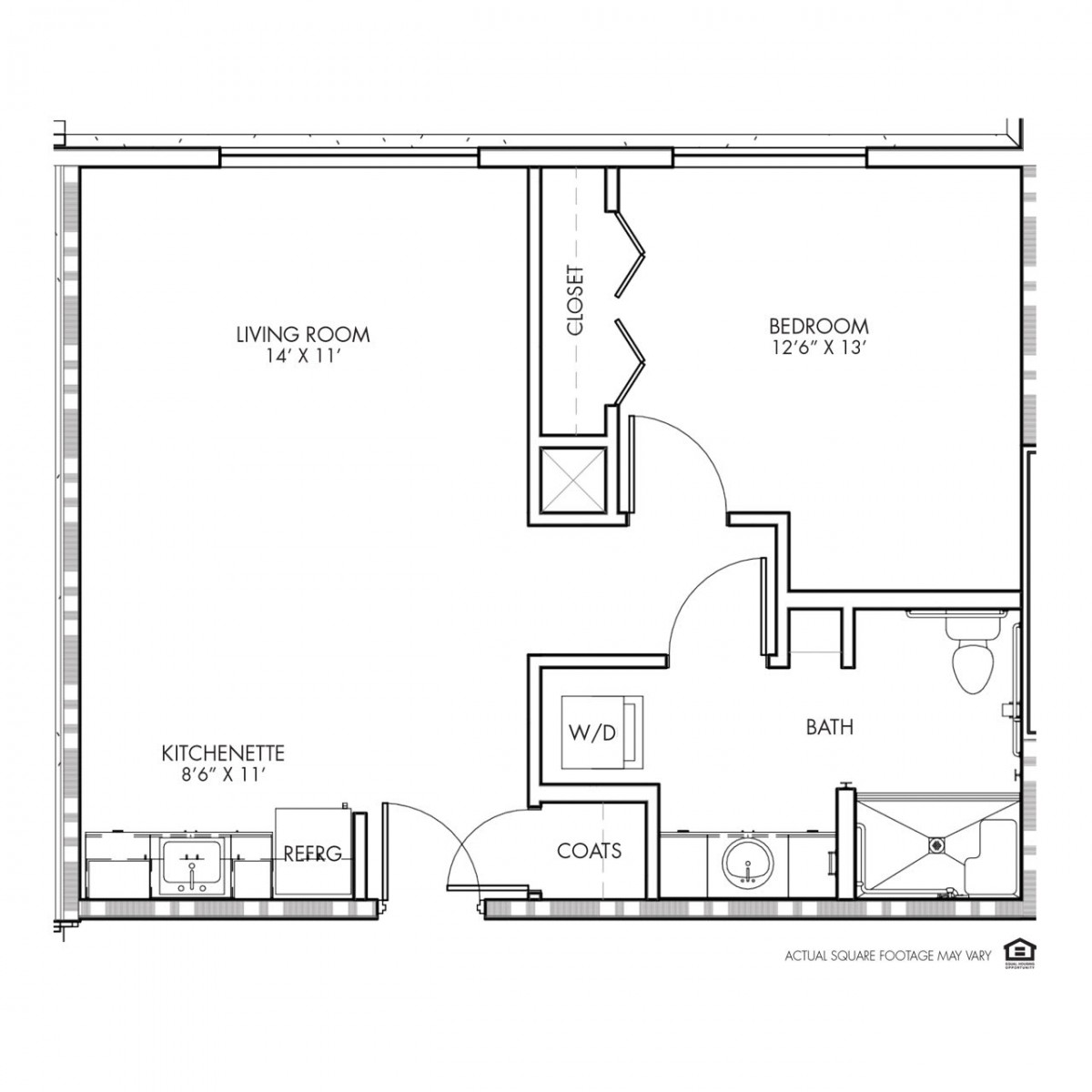 A floor plan showing the layout of an apartment with living room, kitchen, bedroom, and bathroom.