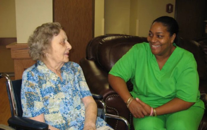 An elderly woman in a wheelchair having a friendly conversation with her caregiver.
