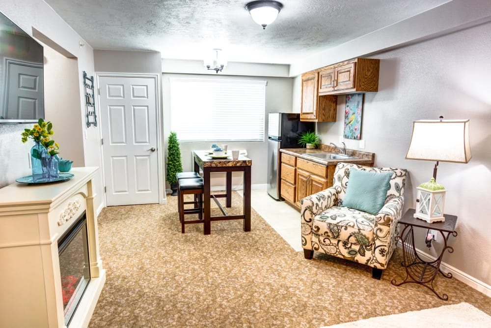 A cozy living area with a kitchenette, featuring modern decor and comfortable seating.