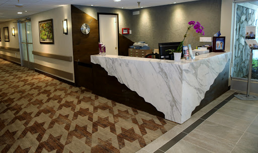 A modern reception area showcasing a stylish marble counter and elegant decor.