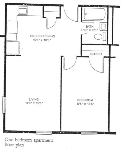 A floor plan of a 1-bedroom apartment with kitchen, dining, bathroom, and living area.
