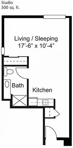 Studio apartment floor plan with living/sleeping area, kitchen, and bath.