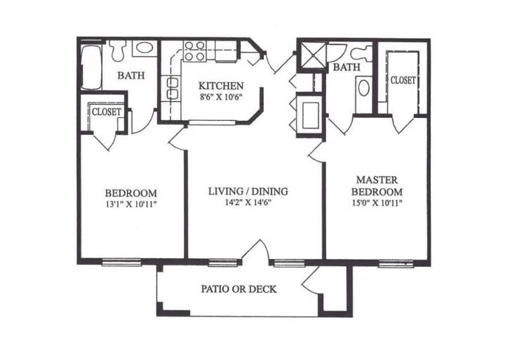 A floor plan of a two-bedroom apartment with a living/dining area, kitchen, two bathrooms, and a patio.