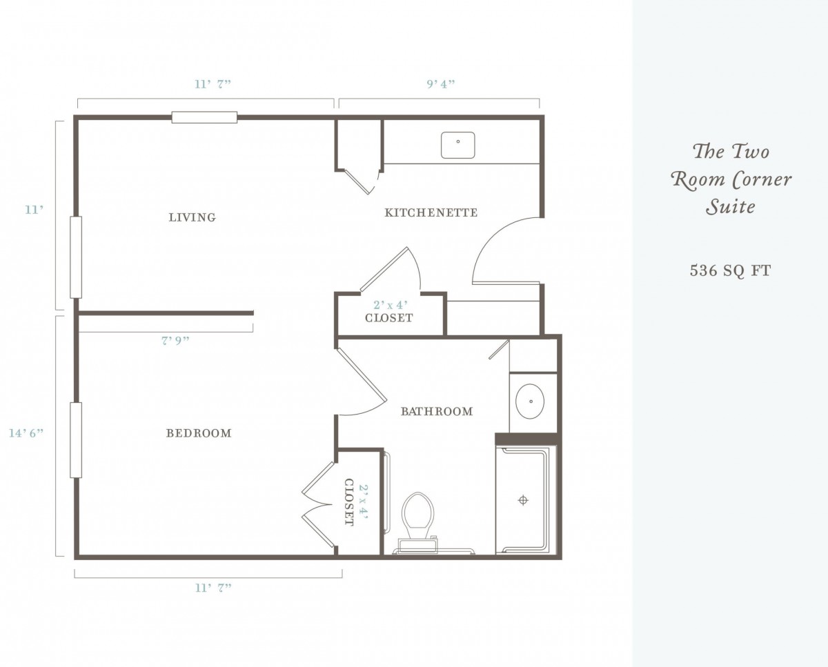 Floor plan of a two-bedroom apartment with living room, kitchen, and bathroom.