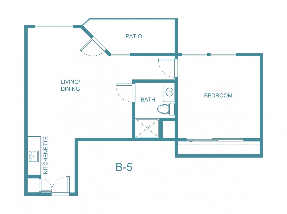 A floor plan of an apartment featuring a living room, bedroom, bathroom, and patio.
