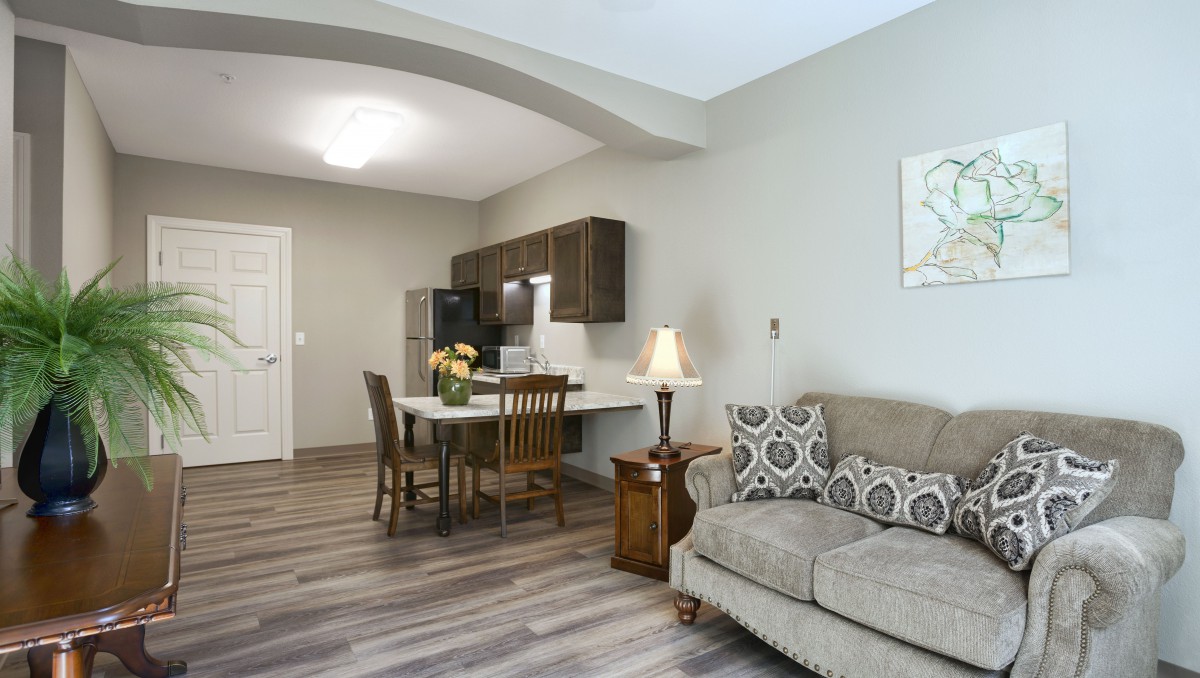 A modern open-concept living space with a cozy sofa, dining table, and a compact kitchen area.