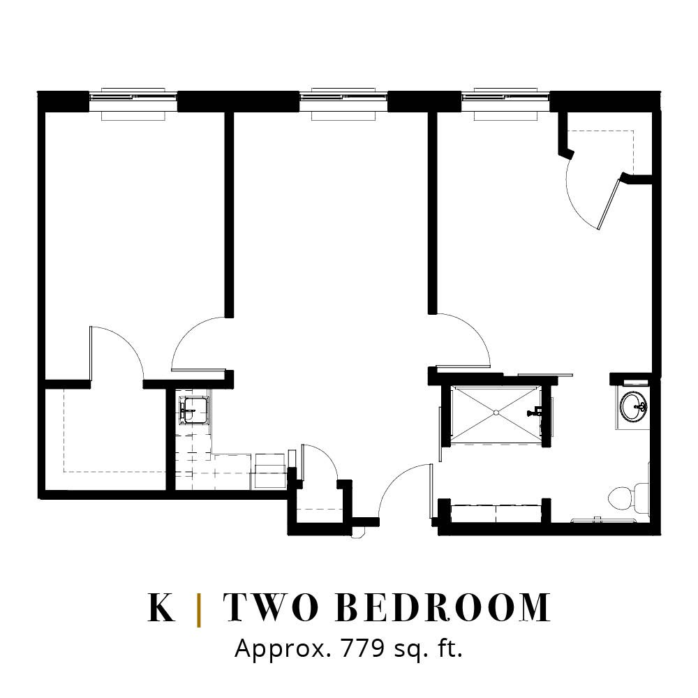 A floor plan of a two-bedroom apartment, approximately 779 square feet.