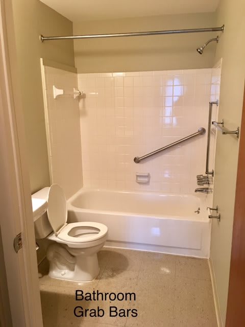 A bathroom featuring a toilet and bathtub with accessibility grab bars installed.