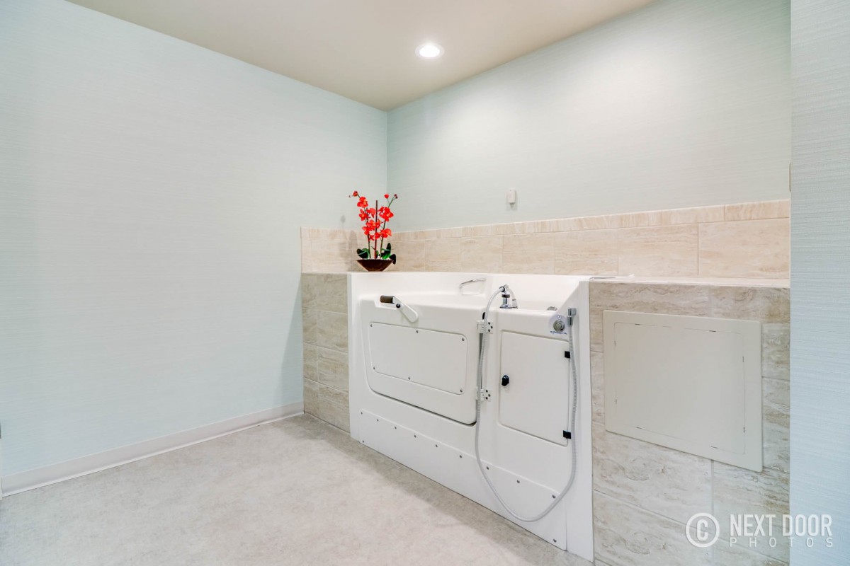 A minimalist bathroom featuring a walk-in bathtub for accessibility.