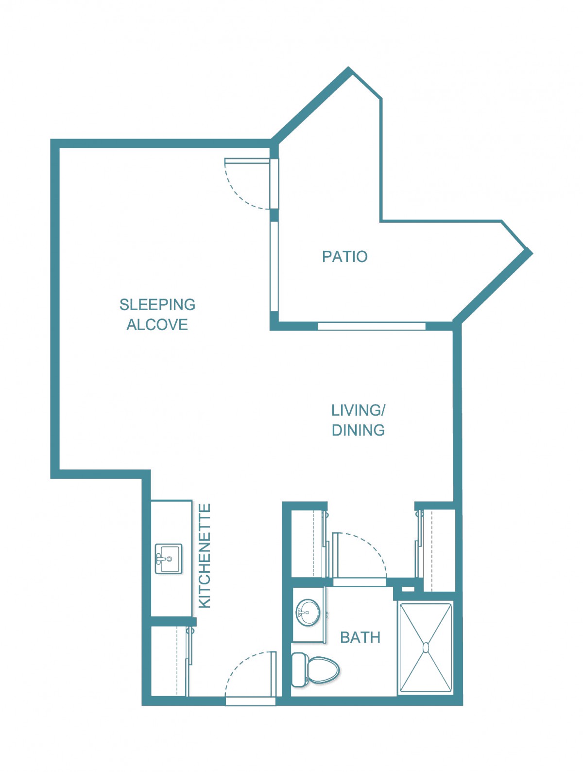 Studio apartment floor plan with a sleeping alcove, living/dining area, kitchen, bathroom, and patio.