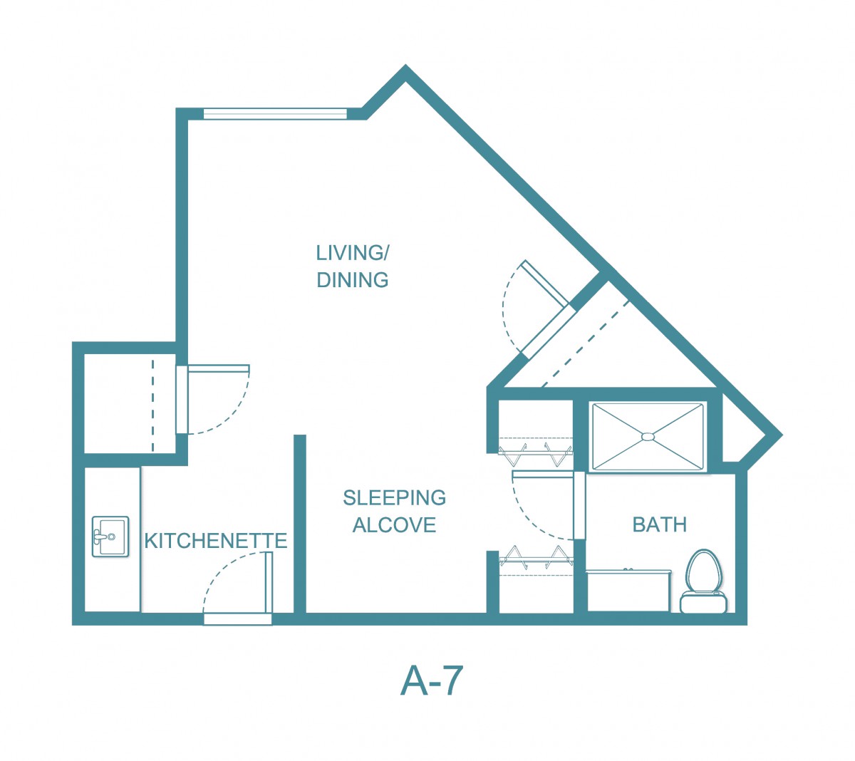 Studio apartment floor plan with a kitchenette, sleeping alcove, living/dining area, and bathroom.