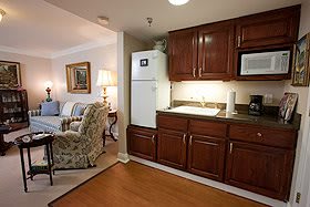 A cozy living space with a kitchenette and seating area.