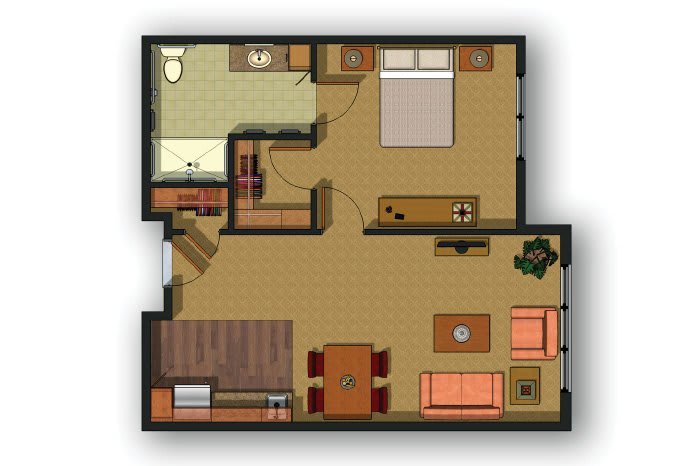 This image shows a floor plan of a one-bedroom apartment featuring a living room, kitchen, and bathroom.