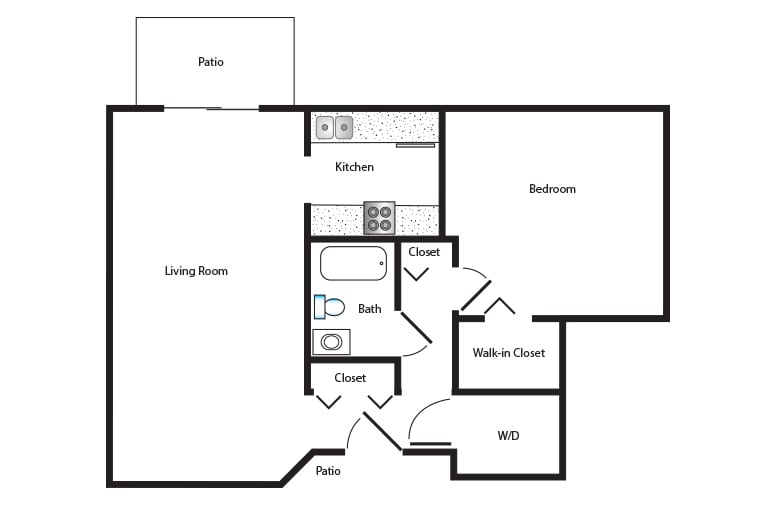 One-bedroom apartment floor plan with living room, kitchen, bathroom, and patio.