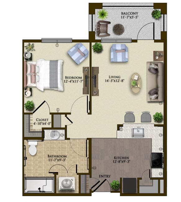 A detailed floor plan of an apartment, showing the arrangement of rooms including a bedroom, living area, kitchen, bathroom, and patio.
