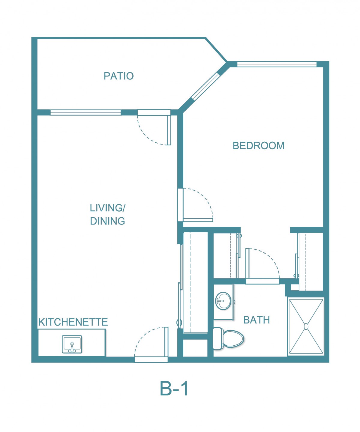 A floor plan of a one-bedroom apartment with a living/dining area, kitchen, bathroom, and patio.