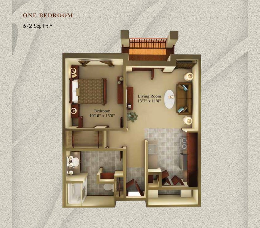 A detailed floor plan of a one-bedroom apartment showcasing the layout and design.