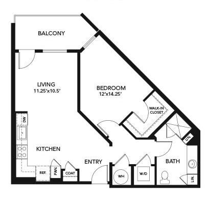 A floor plan of a one-bedroom apartment with a living room, kitchen, bathroom, and balcony.